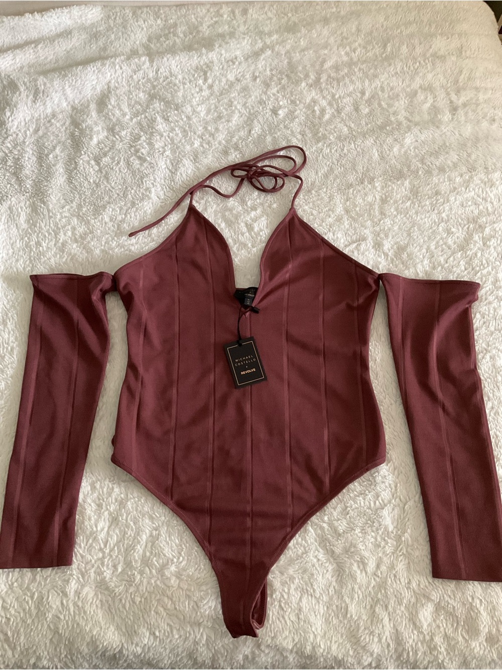 Revolve- Michael Costello Wine Off-Shoulder Halter Bodysuit